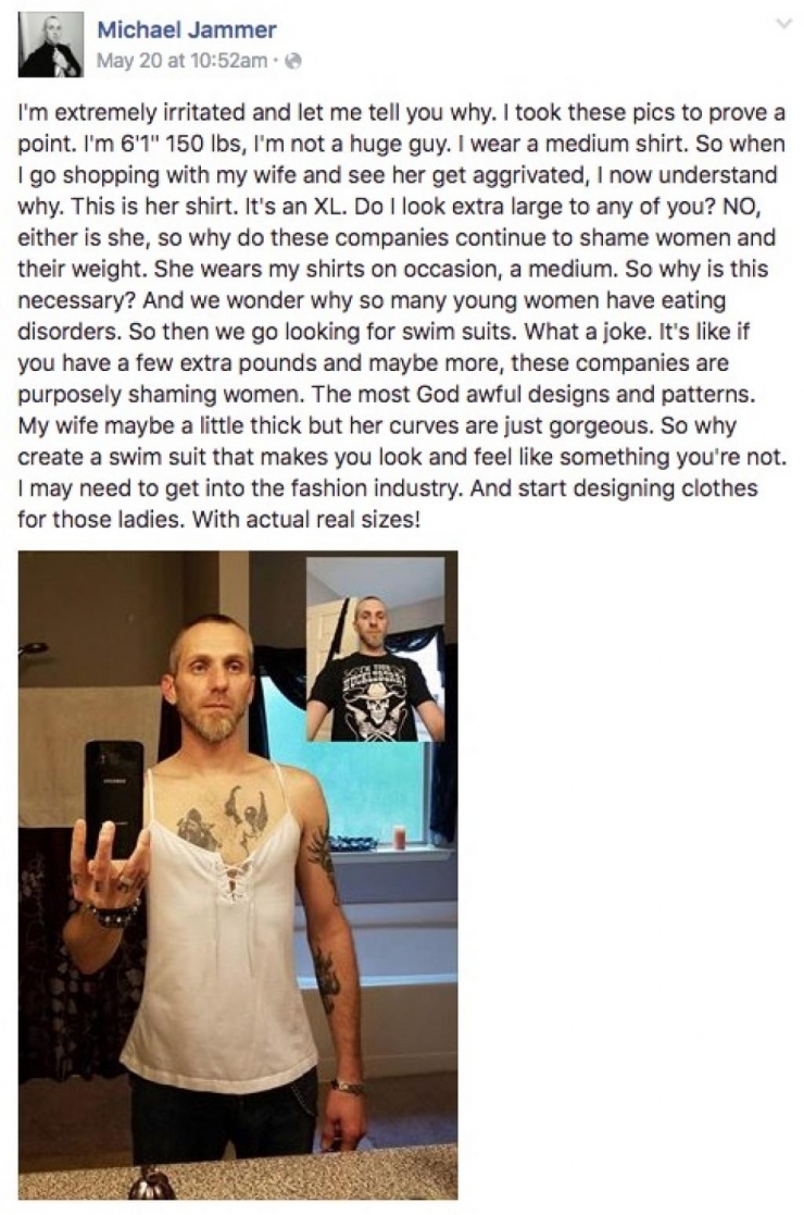 Illustration de l'article : Il enfile le haut de sa femme et publie ce message choc sur Facebook ! Enfin un mec qui compatit...