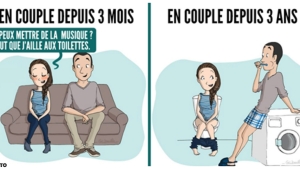 Image illustrant l'article Couple depuis 3 mois VS couple depuis 3 ans. 10 illustrations!