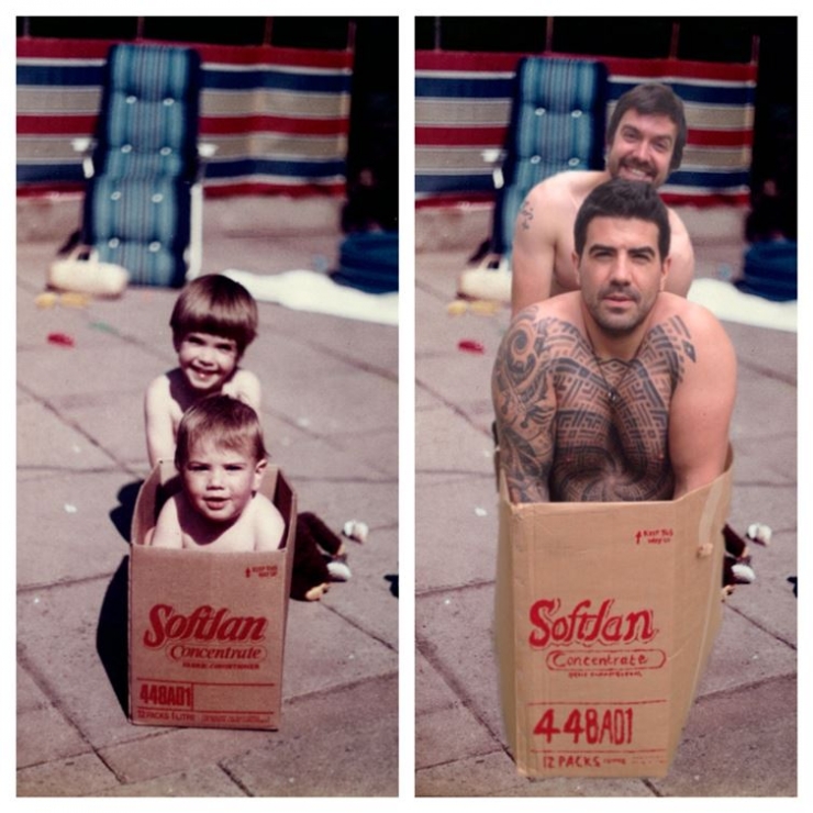 Illustration de l'article : Pour sceller un peu plus l'amour qu'ils se portent, ces deux frères ont décidé de recréer leurs photos d'enfance!