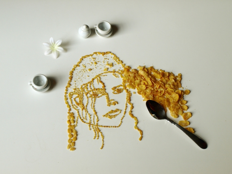 Illustration de l'article : Cette artiste dessine d'incroyables portraits de musiciens avec des corn flakes. En voici 16