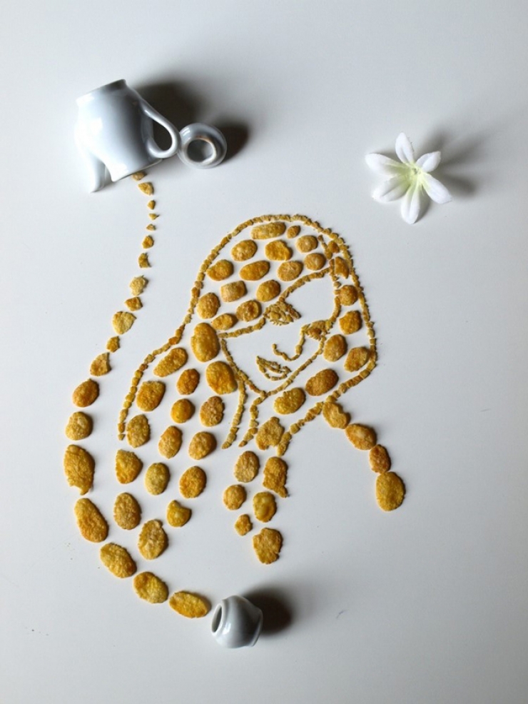 Illustration de l'article : Cette artiste dessine d'incroyables portraits de musiciens avec des corn flakes. En voici 16