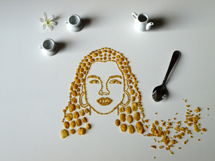 Illustration de l'article : Cette artiste dessine d'incroyables portraits de musiciens avec des corn flakes. En voici 16