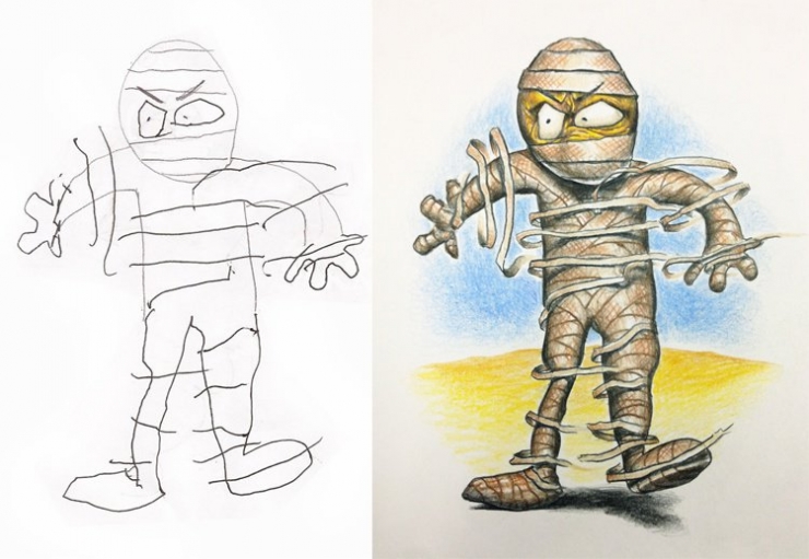 Illustration de l'article : Ce papa-g&eacute;nie d&eacute;cide de rendre les dessins de ses enfants plus attrayants en les colorants