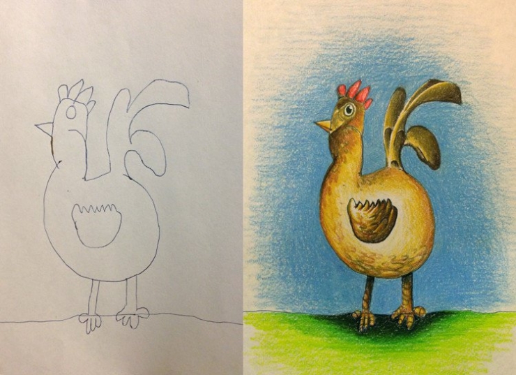 Illustration de l'article : Ce papa-g&eacute;nie d&eacute;cide de rendre les dessins de ses enfants plus attrayants en les colorants