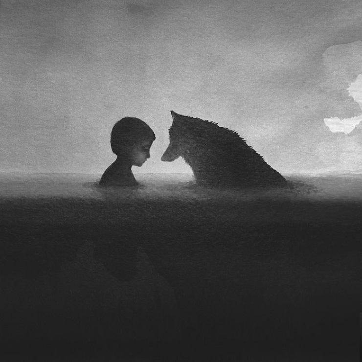 Illustration de l'article : De magnifiques aquarelles en noir et blanc représentant la relation enfant-animal avec poésie