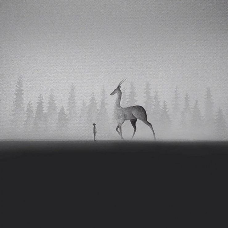 Illustration de l'article : De magnifiques aquarelles en noir et blanc représentant la relation enfant-animal avec poésie