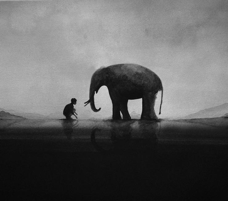 Illustration de l'article : De magnifiques aquarelles en noir et blanc représentant la relation enfant-animal avec poésie