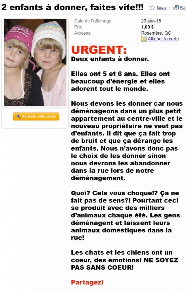 Illustration de l'article : Elle cr&eacute;e une annonce en ligne pour vendre ses enfants, mais la raison est juste excellente !