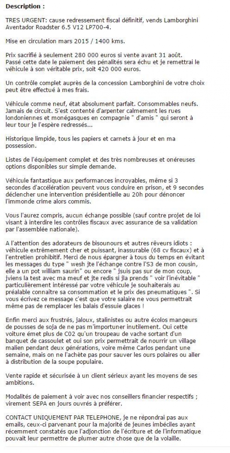 Illustration de l'article : Un redressement fiscal lui tombe dessus et il revend sa Lamborghini sur LeBonCoin... Son annonce est ÉNORME !