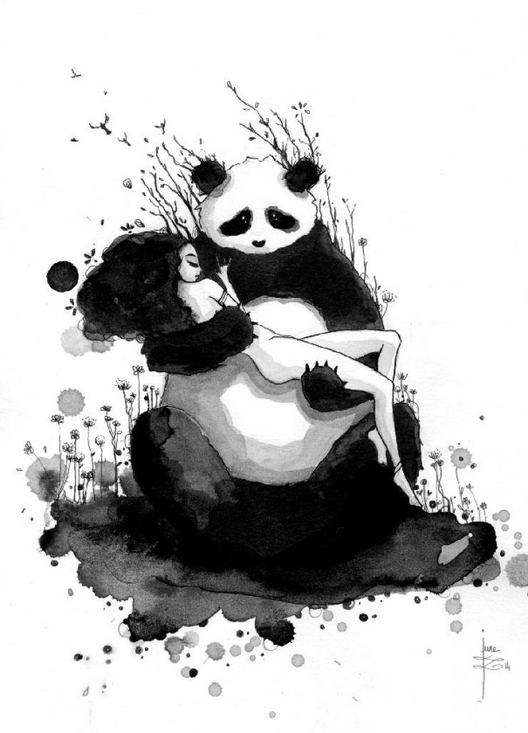Illustration de l'article : De magnifiques duos pandas/sir&egrave;nes &agrave; l'encre de Chine
