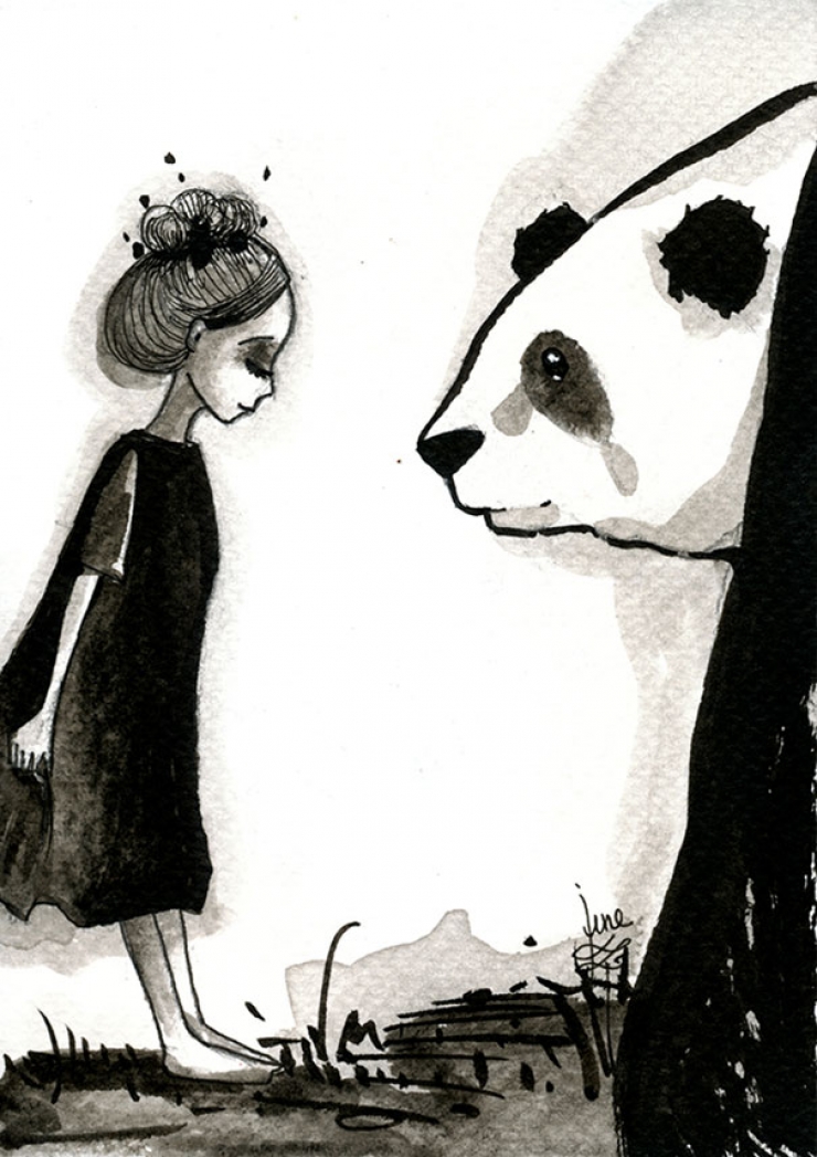 Illustration de l'article : De magnifiques duos pandas/sir&egrave;nes &agrave; l'encre de Chine