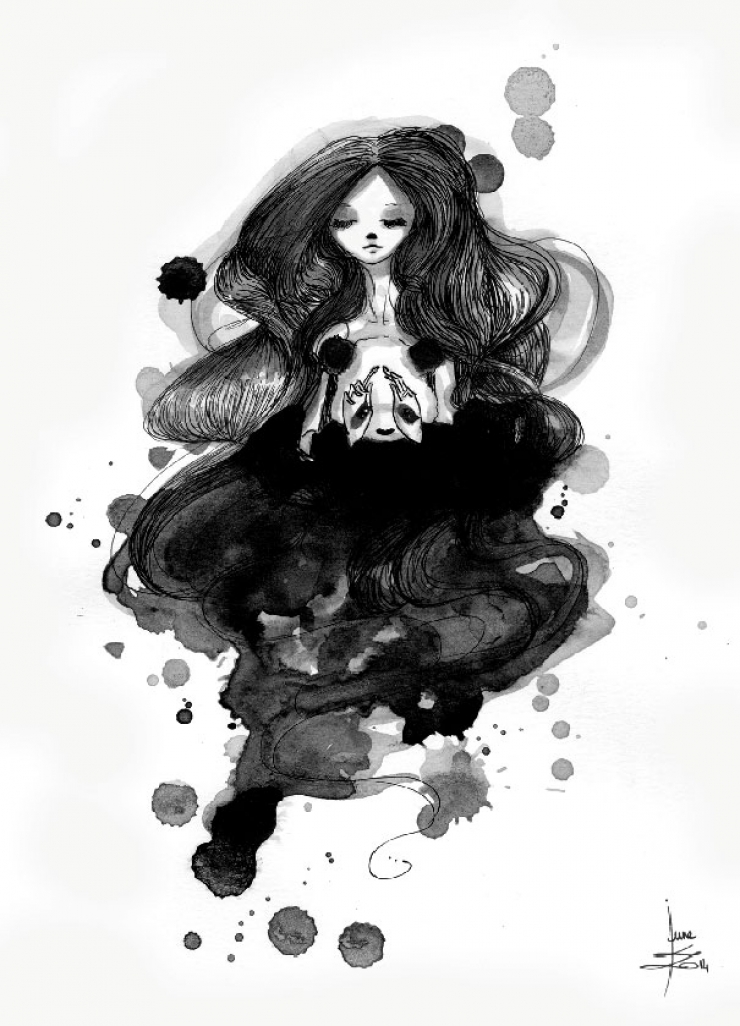 Illustration de l'article : De magnifiques duos pandas/sir&egrave;nes &agrave; l'encre de Chine