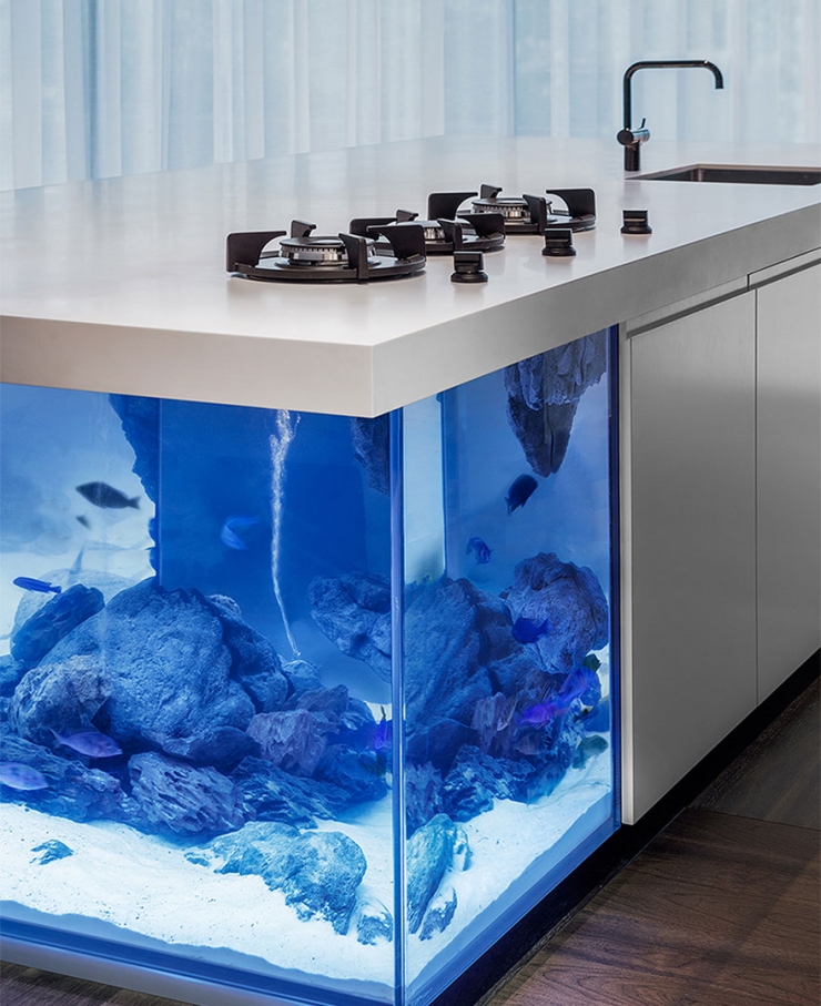 Illustration de l'article : Cet îlot de cuisine est également un grand aquarium