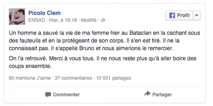 Illustration de l'article : Grâce à Facebook, il retrouve l'homme qui a sauvé sa femme au Bataclan