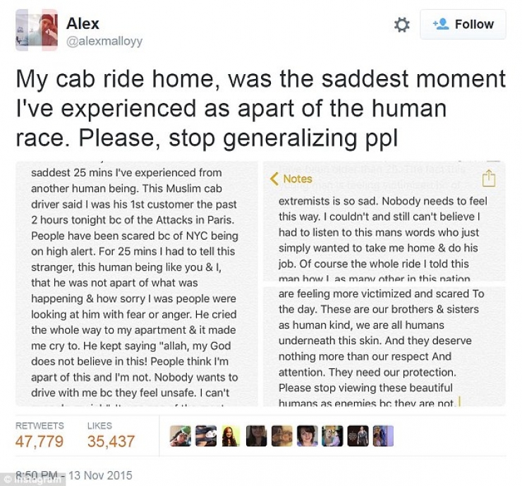 Illustration de l'article : Peu apr&egrave;s les attentats, un chauffeur musulman &eacute;clate en pleurs alors qu'un jeune homme s'installe dans son taxi. Voici pourquoi :