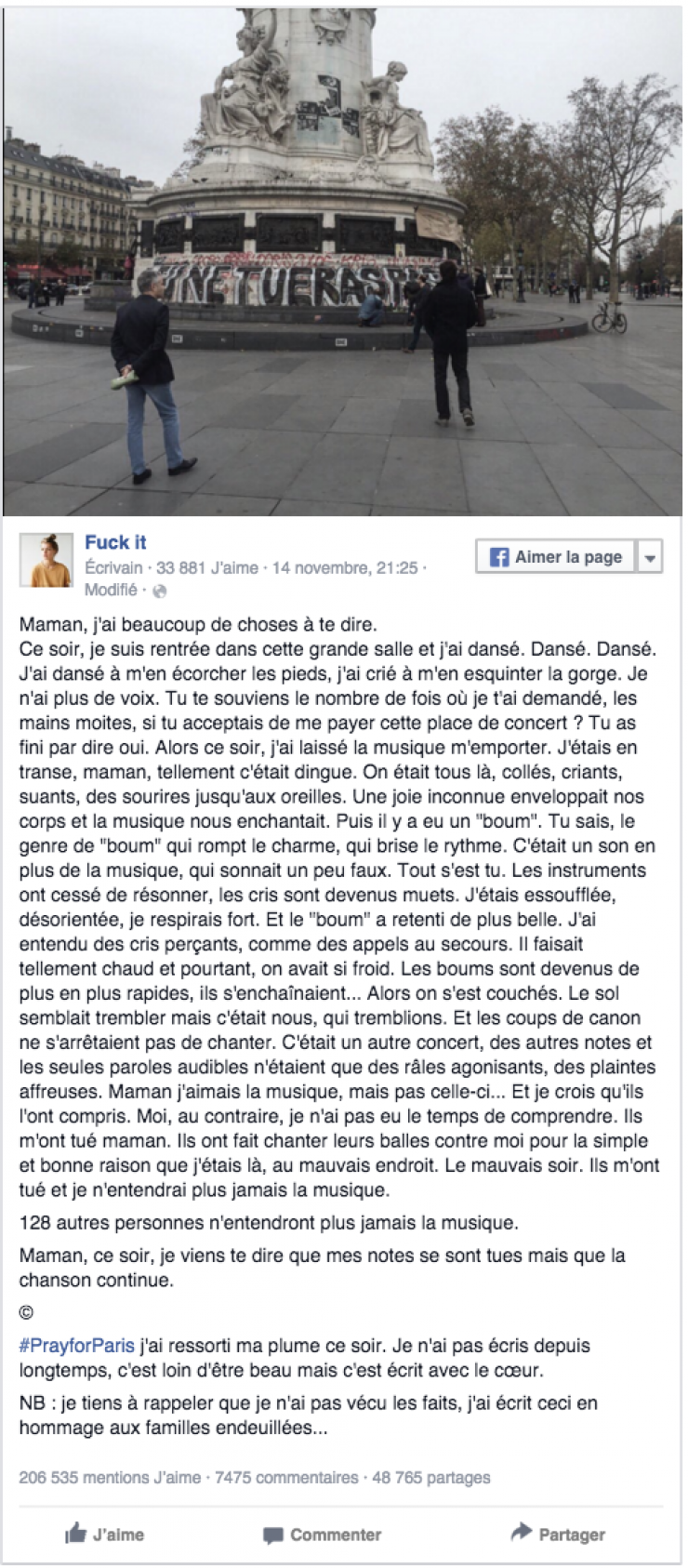 Illustration de l'article : Une ado rend hommage aux victimes du Bataclan avec un message qui fait le tour du monde... J'en ai les larmes aux yeux !