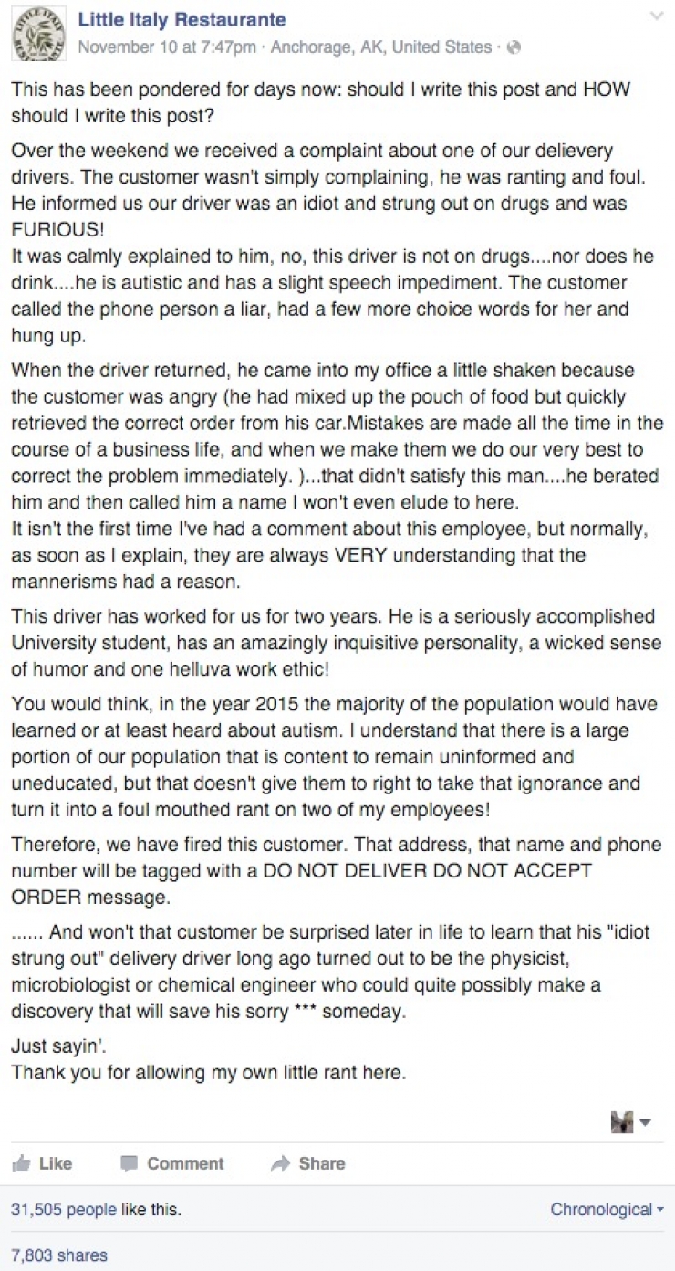 Illustration de l'article : Insult&eacute; de "sale autiste attard&eacute;" par un client, on retiendra surtout la r&eacute;action PARFAITE du patron !