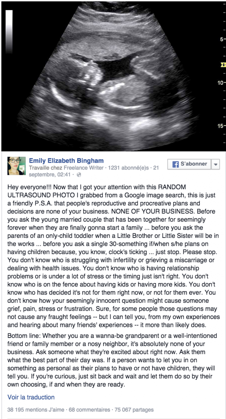 Illustration de l'article : Le puissant message d'une femme qui en a marre qu'on lui demande pourquoi elle n'a pas encore d'enfants...