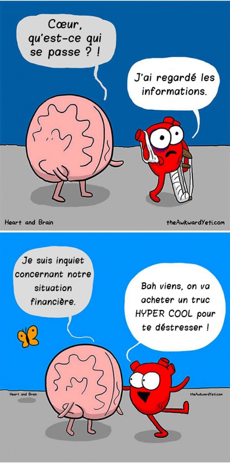 Illustration de l'article : Les différentes façons de penser du coeur et du cerveau, le tout illustré dans une bande dessinée ! Cerveau Vs Coeur...