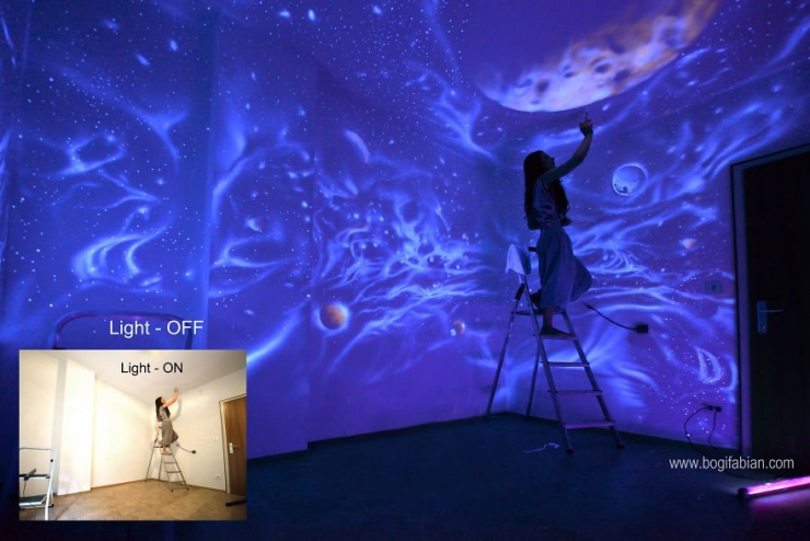 Illustration de l'article : Ces peintures murales révèlent tout leur charme quand vous éteignez la lumière... J'aime beaucoup celle de Raiponce !