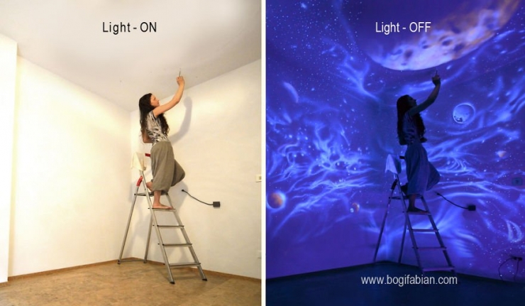 Illustration de l'article : Ces peintures murales révèlent tout leur charme quand vous éteignez la lumière... J'aime beaucoup celle de Raiponce !