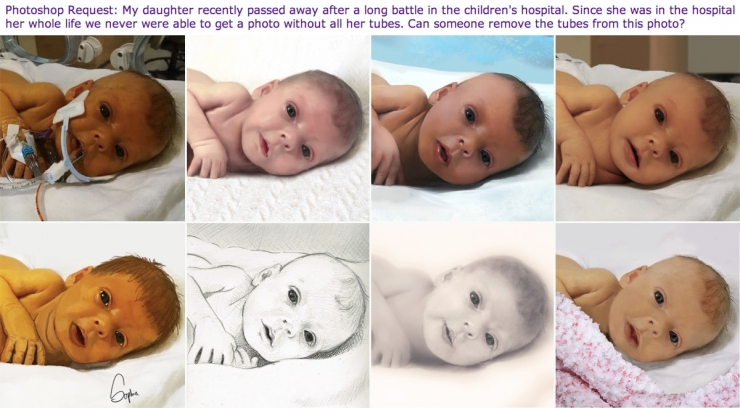 Illustration de l'article : Sa fille vient de décéder et il demande aux internautes qui maitrisent Photoshop d’enlever les tubes présents sur sa photo. Le résultat le fait fondre en larmes...