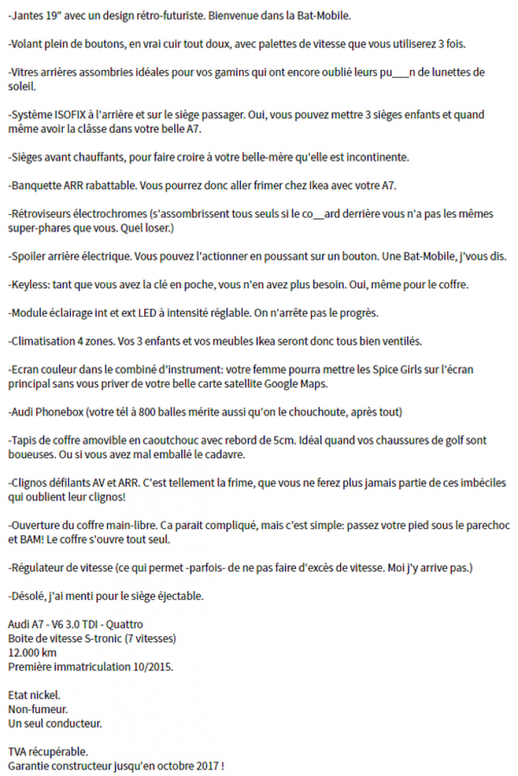 Illustration de l'article : Il a pensé à tout dans son annonce pour vendre sa Audi A7! Hilarant.