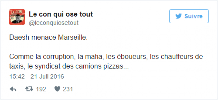 Illustration de l'article : Daesh menace Marseille mais les habitants de la cit&eacute; phoc&eacute;enne montrent qu'il n'ont pas peur... 20 Tweets hilarants !