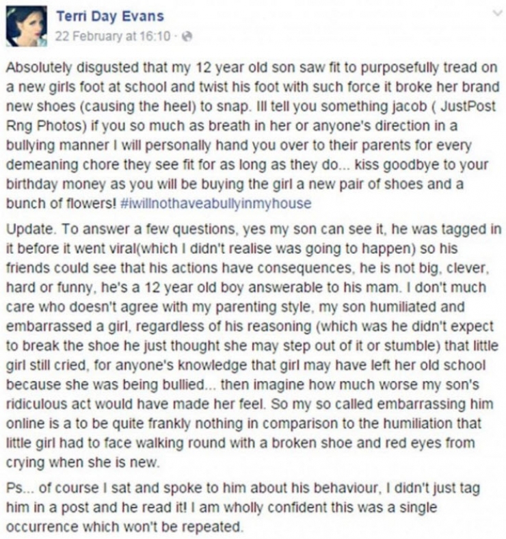 Illustration de l'article : Elle apprend que son fils de 12 ans intimide une camarade de classe et d&eacute;cide de poster ceci sur Facebook: 