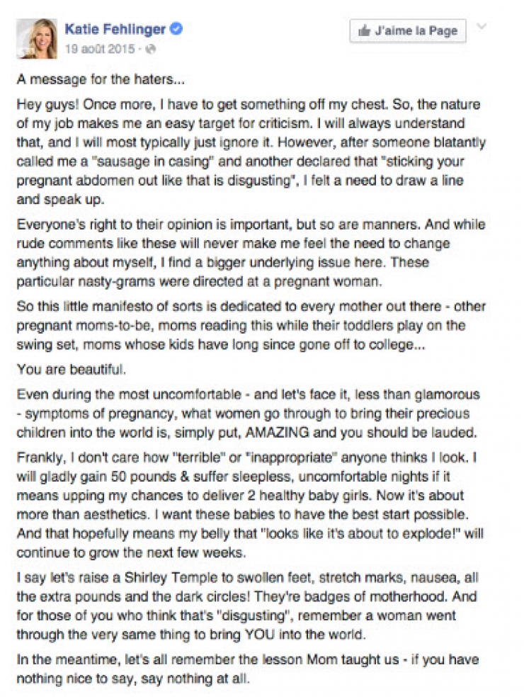 Illustration de l'article : Pr&eacute;sentatrice m&eacute;t&eacute;o, Katie Fehlinger r&eacute;pond avec sagesse &agrave; ceux qui l&rsquo;ont trait&eacute;e de &laquo; grosse d&eacute;go&ucirc;tante &raquo; parce qu&rsquo;elle est enceinte &hellip; 