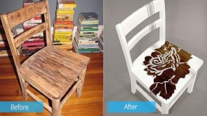 Illustration : "Avant/après ! Recyclez vos vieilles chaises et faites-en de petits bijoux ! "