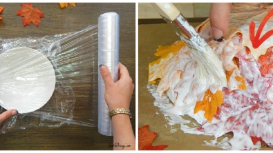 Illustration : "Elle met de la colle blanche sur des feuilles pour réaliser une très jolie décoration automnale ! Vous devez essayer..."