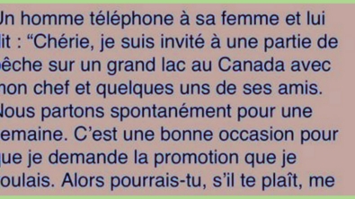 Illustration : "Il annonce à sa femme qu’il part pêcher pendant une semaine, mais elle a un gros doute..."