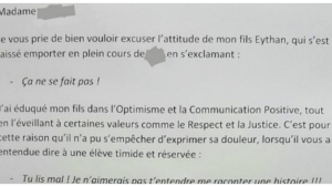 Illustration : "Ce papa souhaite faire l'heure de colle de son fils à sa place ! Il écrit cette lettre à l'enseignante : "