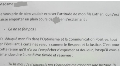 Illustration : "Ce papa souhaite faire l'heure de colle de son fils à sa place ! Il écrit cette lettre à l'enseignante : "