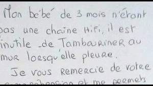 Illustration : "Court mais efficace ce petit mot à l'attention des voisins qui tapent au mur quand son bébé pleure..."